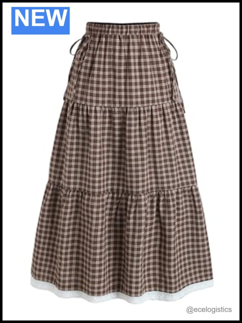 Gingham Lace Trim Long Skirt Tiered Ruffle Maxi A-Line High Rise Elastic Waist